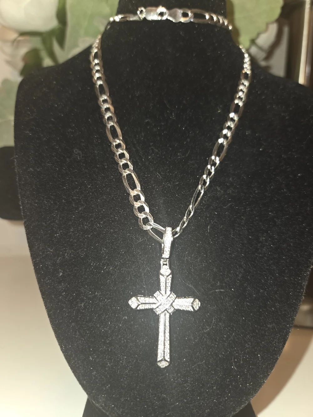 925 Sterling Silver Figaro Chain Necklace with Pave Cross Pendant And Bracelet
